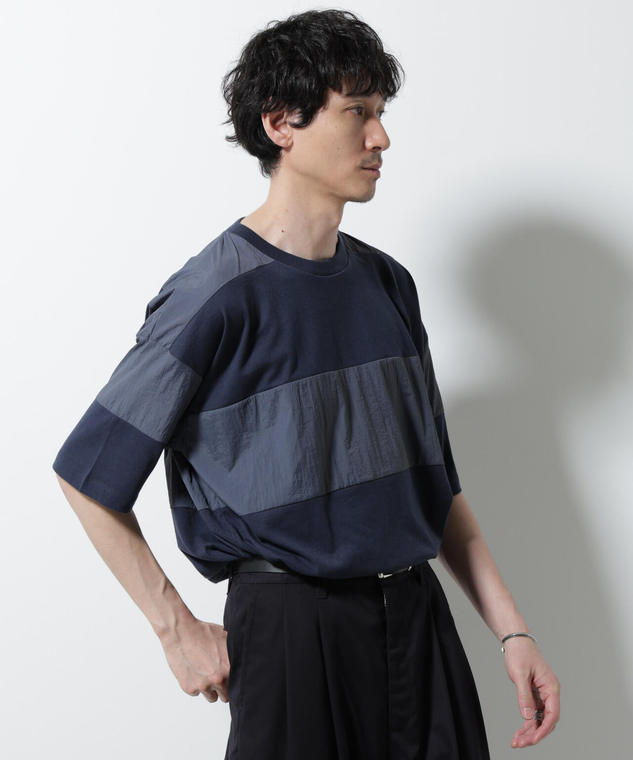 リラックス異素材ボーダーTシャツ 半袖 6725124249