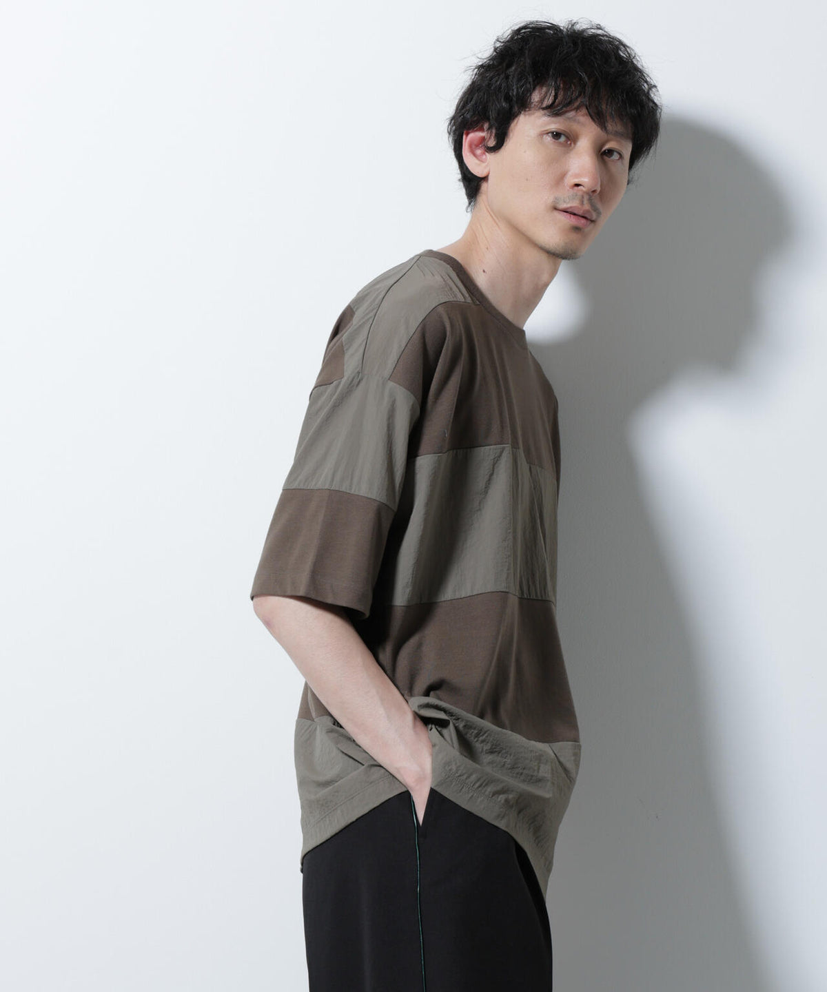 リラックス異素材ボーダーTシャツ 半袖 6725124249