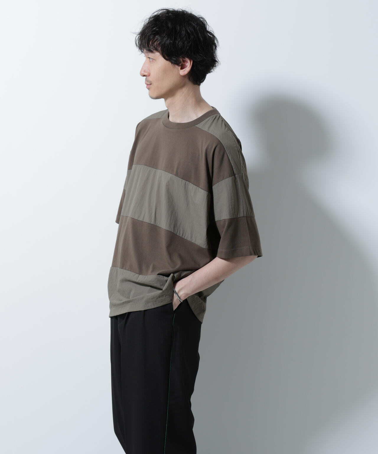 リラックス異素材ボーダーTシャツ 半袖 6725124249