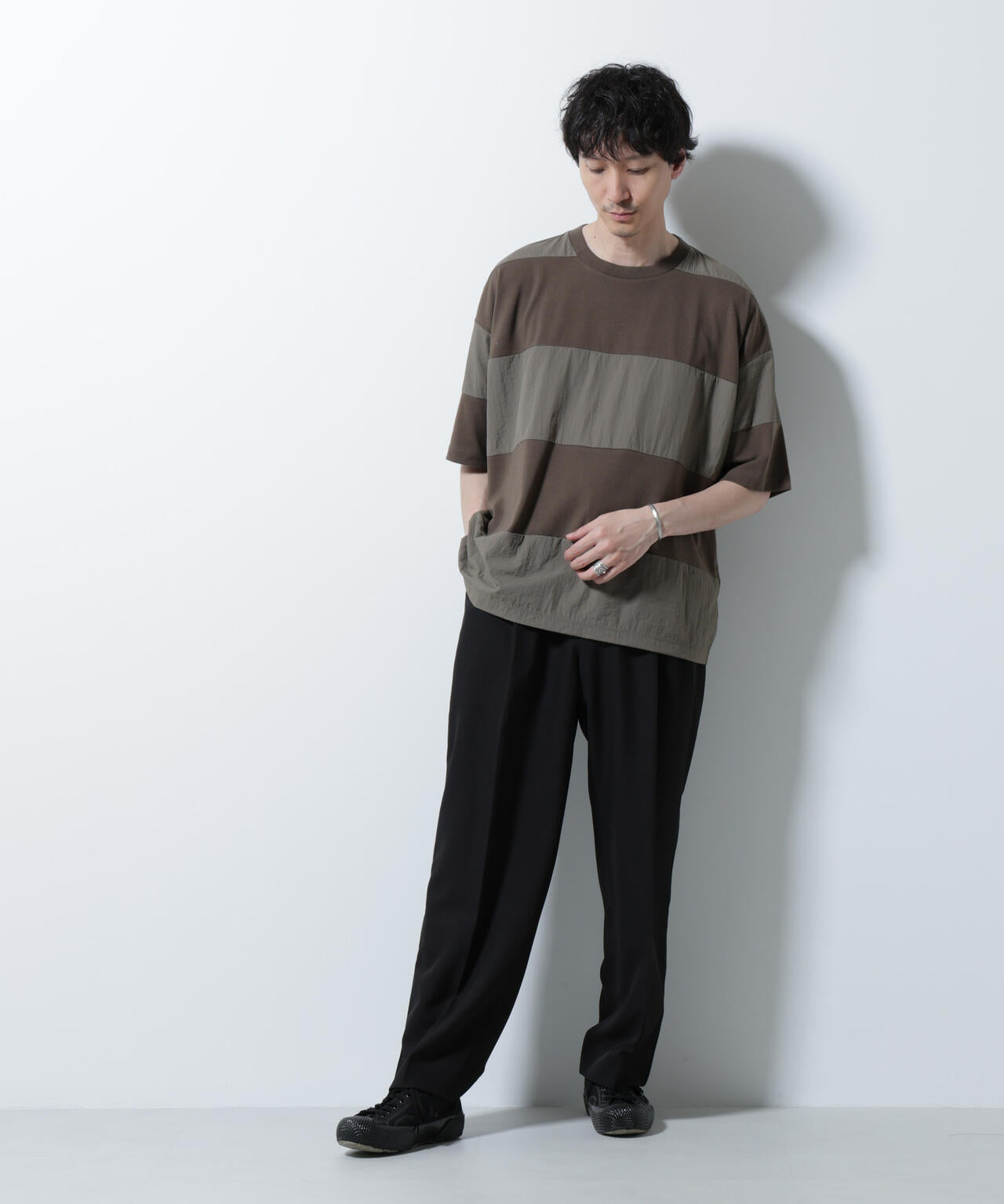 リラックス異素材ボーダーTシャツ 半袖 6725124249