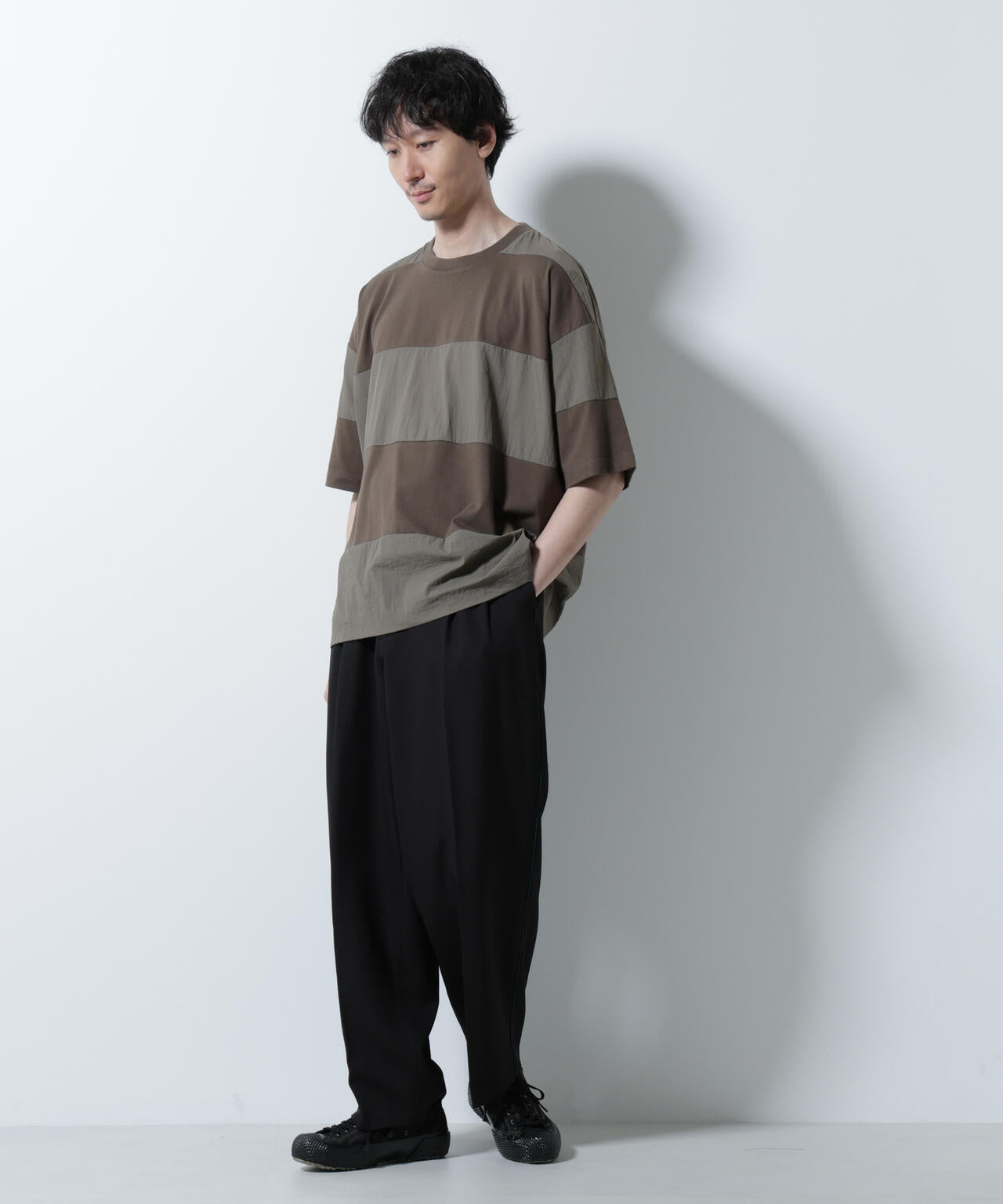 リラックス異素材ボーダーTシャツ 半袖 6725124249