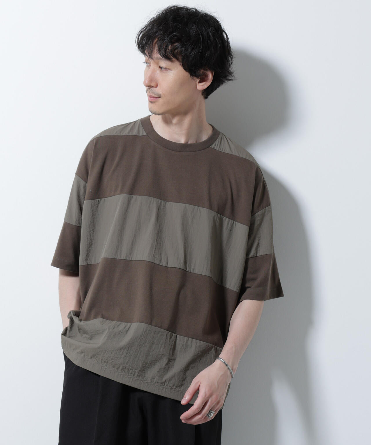 リラックス異素材ボーダーTシャツ 半袖 6725124249