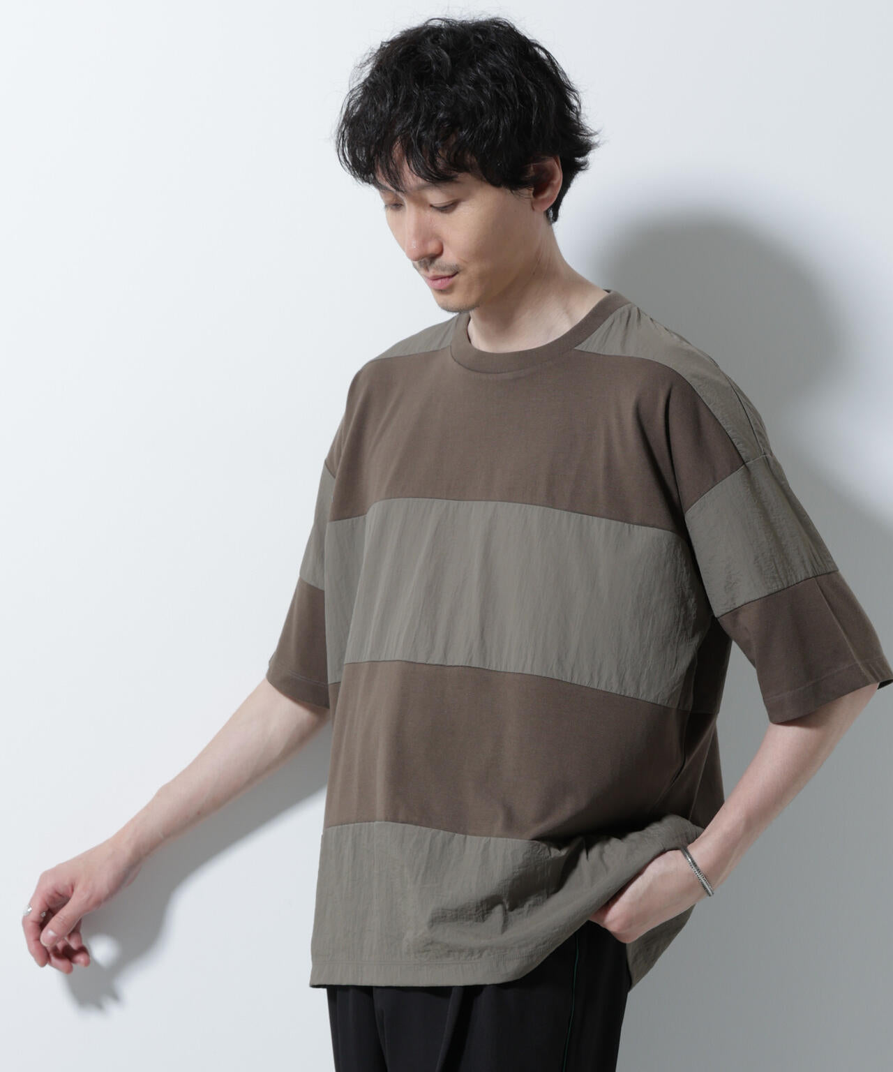 リラックス異素材ボーダーTシャツ 半袖 6725124249