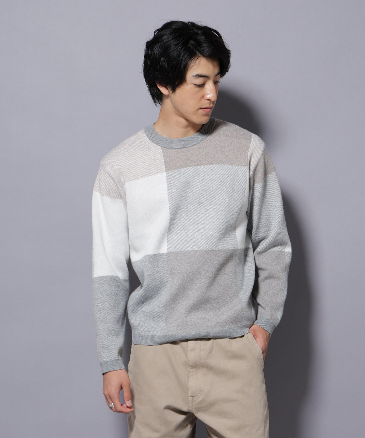 ブロックチェッククルーネックニット 6725222209