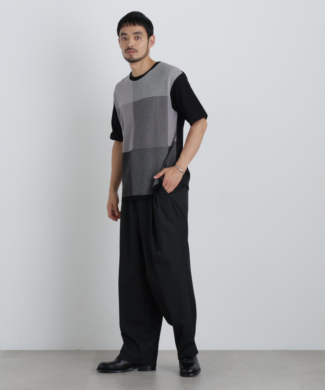 切替チェックニットTシャツ 半袖 6726122222