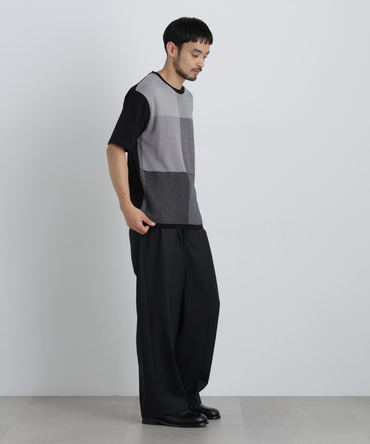 切替チェックニットTシャツ 半袖 6726122222