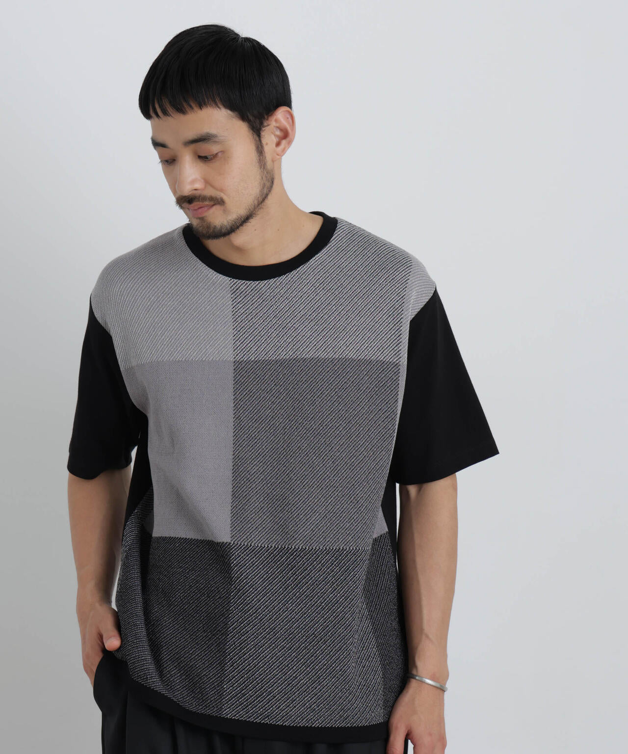 切替チェックニットTシャツ 半袖 6726122222