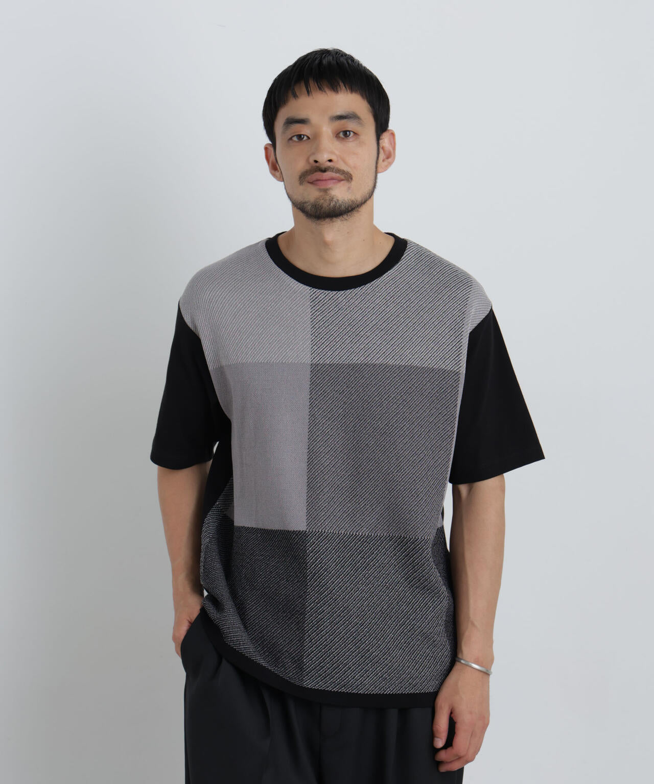切替チェックニットTシャツ 半袖 6726122222