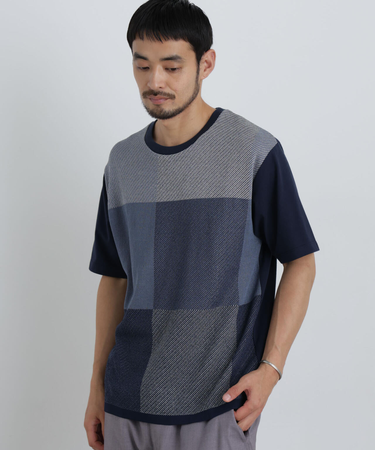 切替チェックニットTシャツ 半袖 6726122222