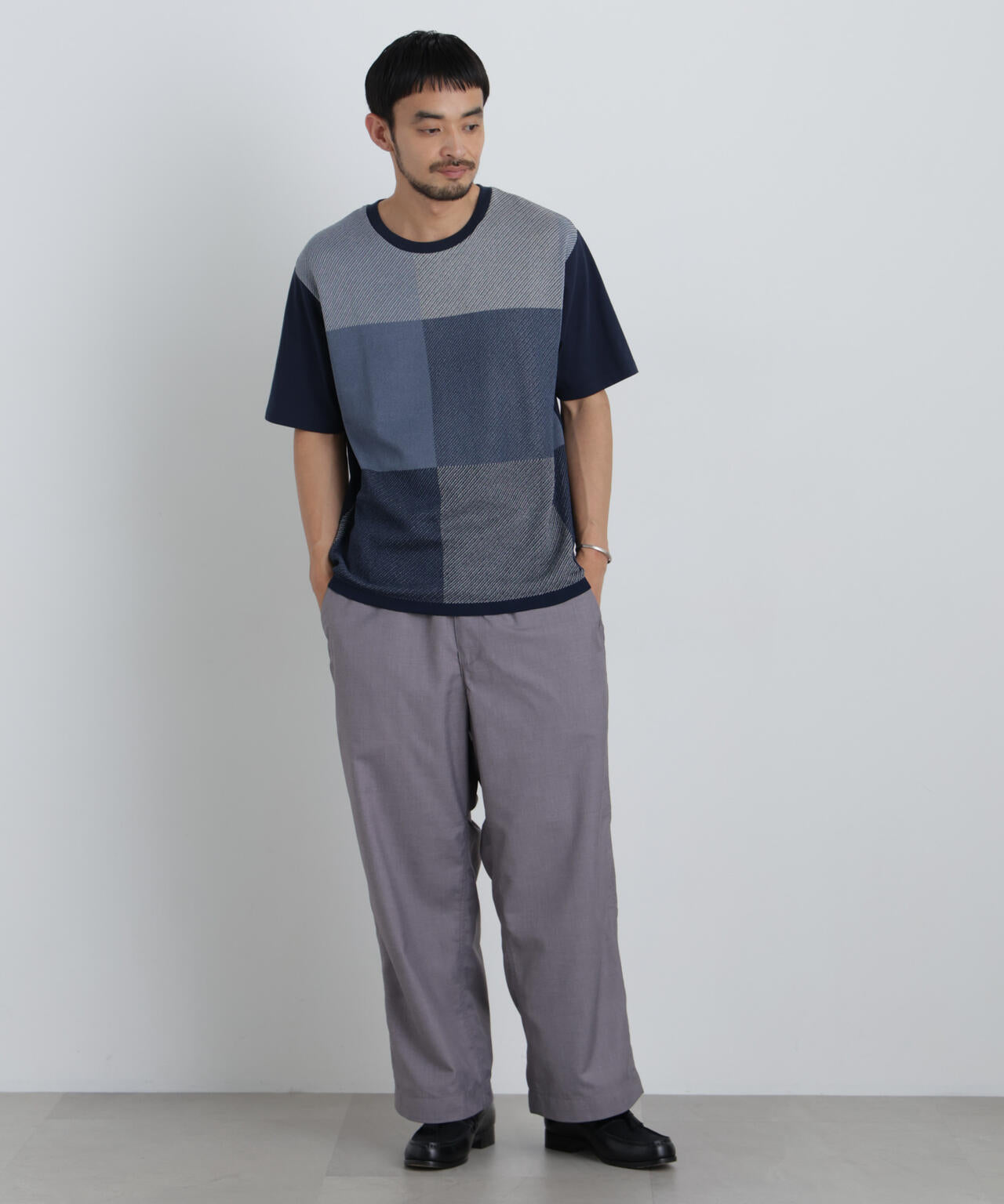 切替チェックニットTシャツ 半袖 6726122222