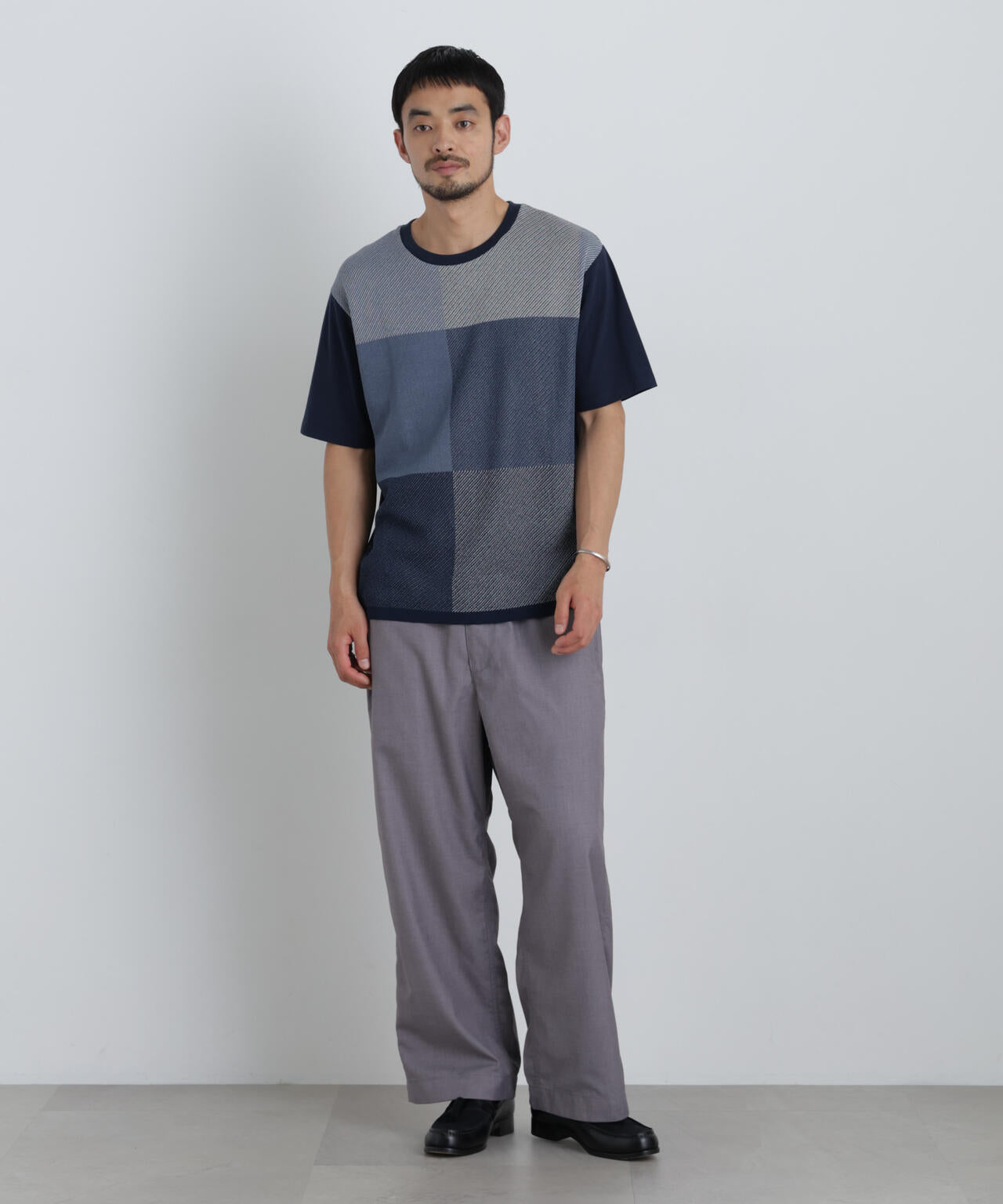 切替チェックニットTシャツ 半袖 6726122222