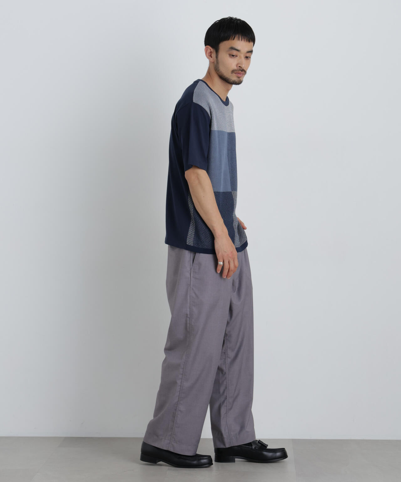 切替チェックニットTシャツ 半袖 6726122222