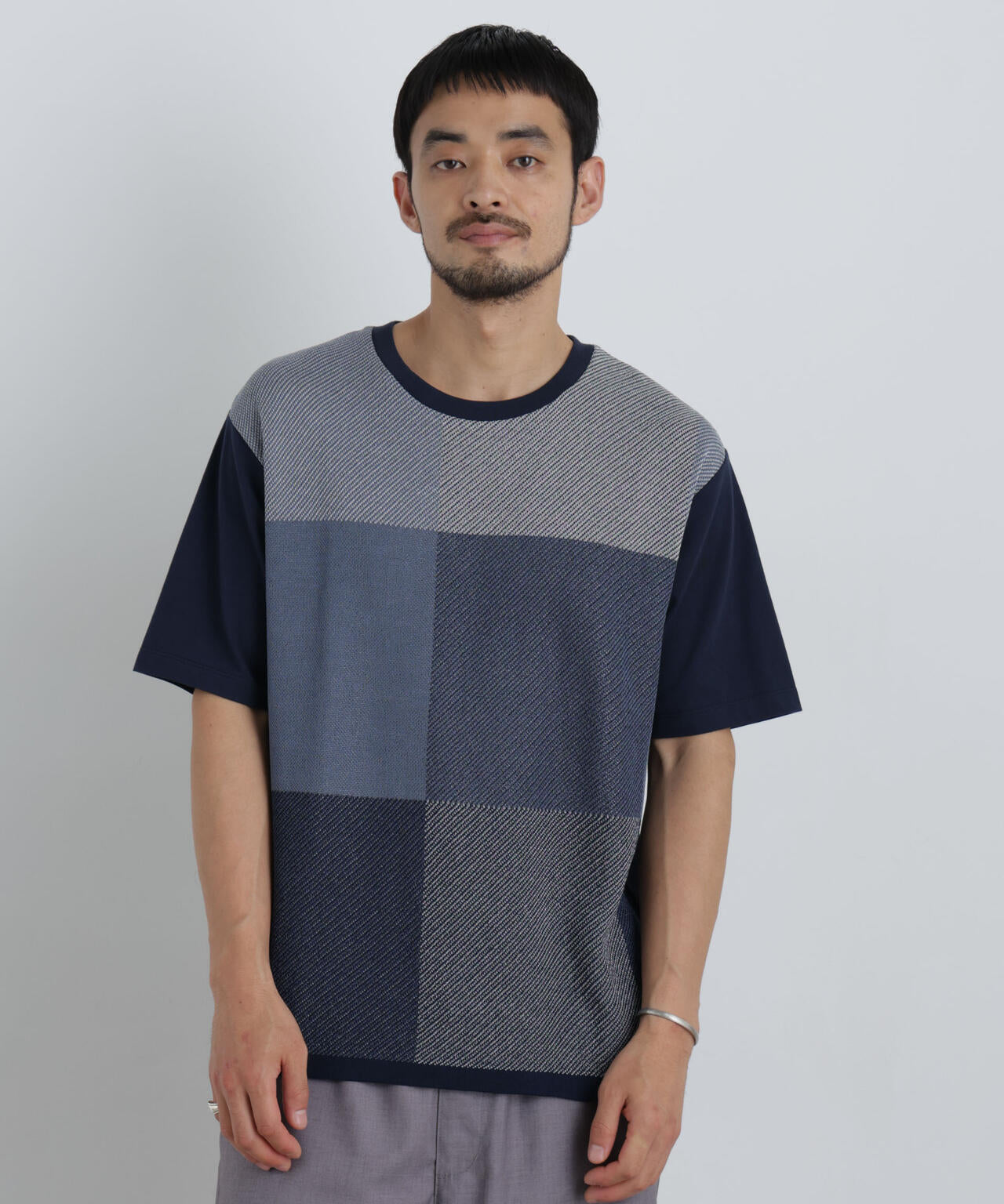 切替チェックニットTシャツ 半袖 6726122222