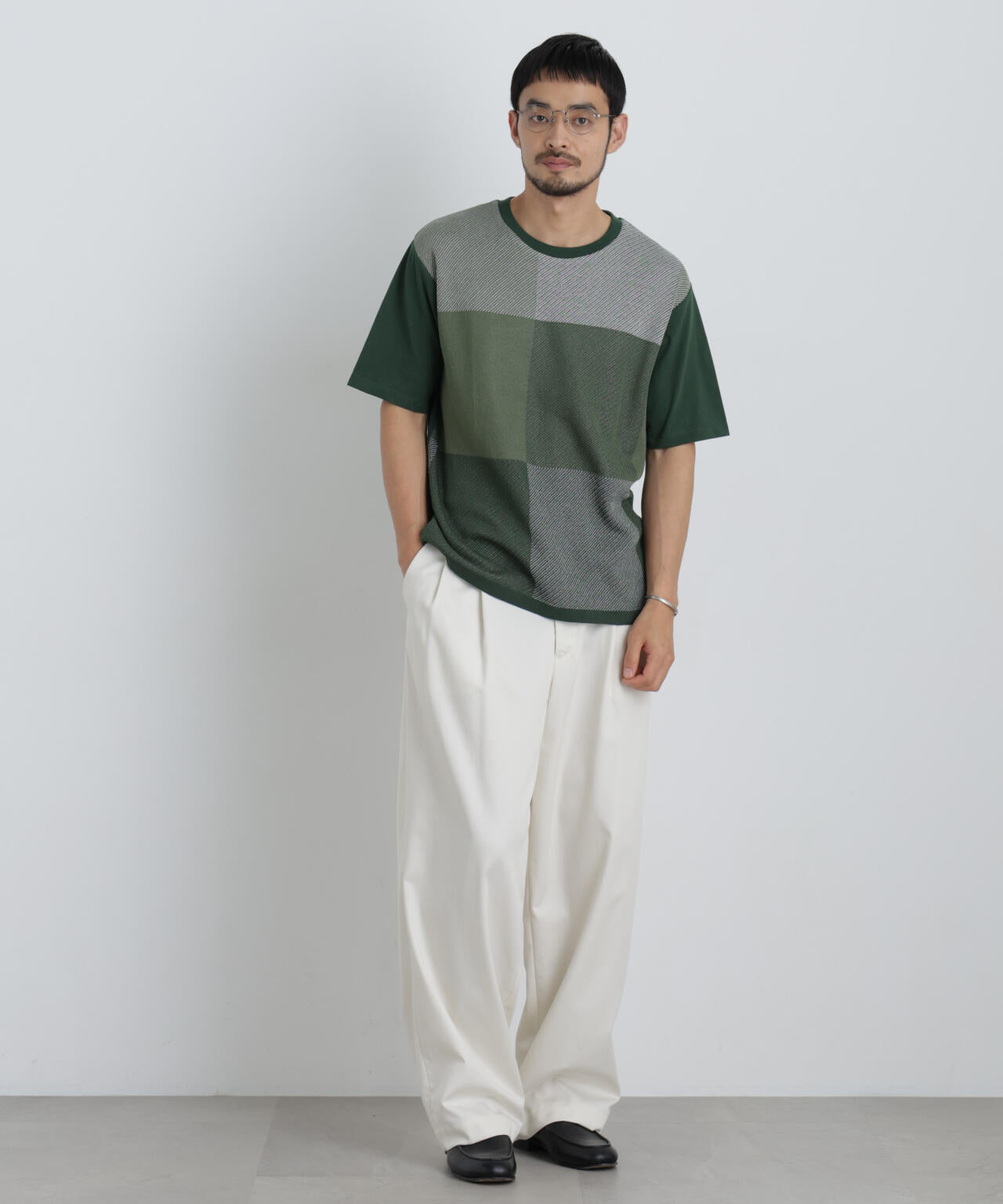 切替チェックニットTシャツ 半袖 6726122222