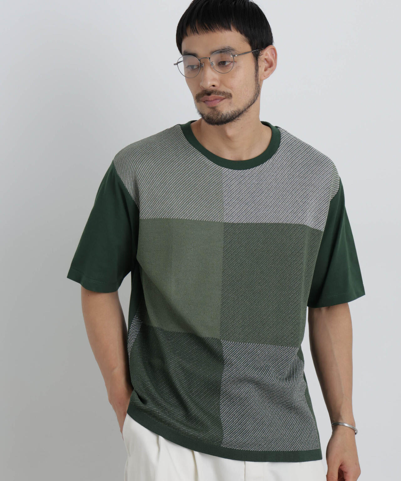 切替チェックニットTシャツ 半袖 6726122222