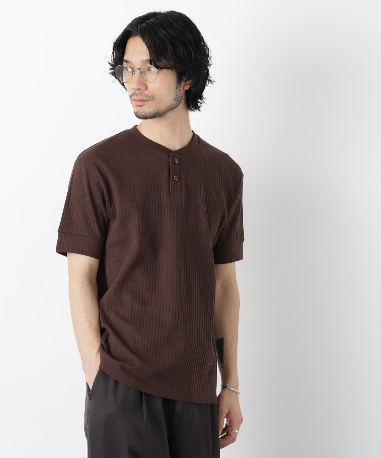 ワイドリブスタンダードヘンリーネックTシャツ 半袖 6726124214