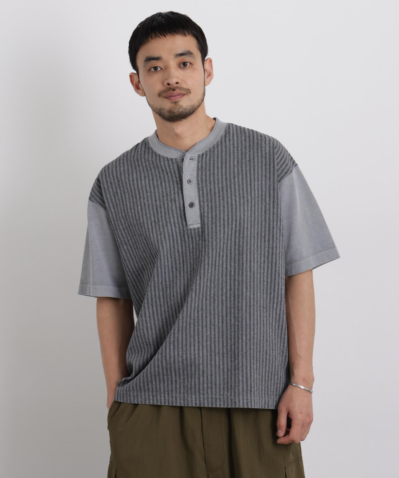 オーバーダイジャガードストライプヘンリーTシャツ 半袖 6726124221