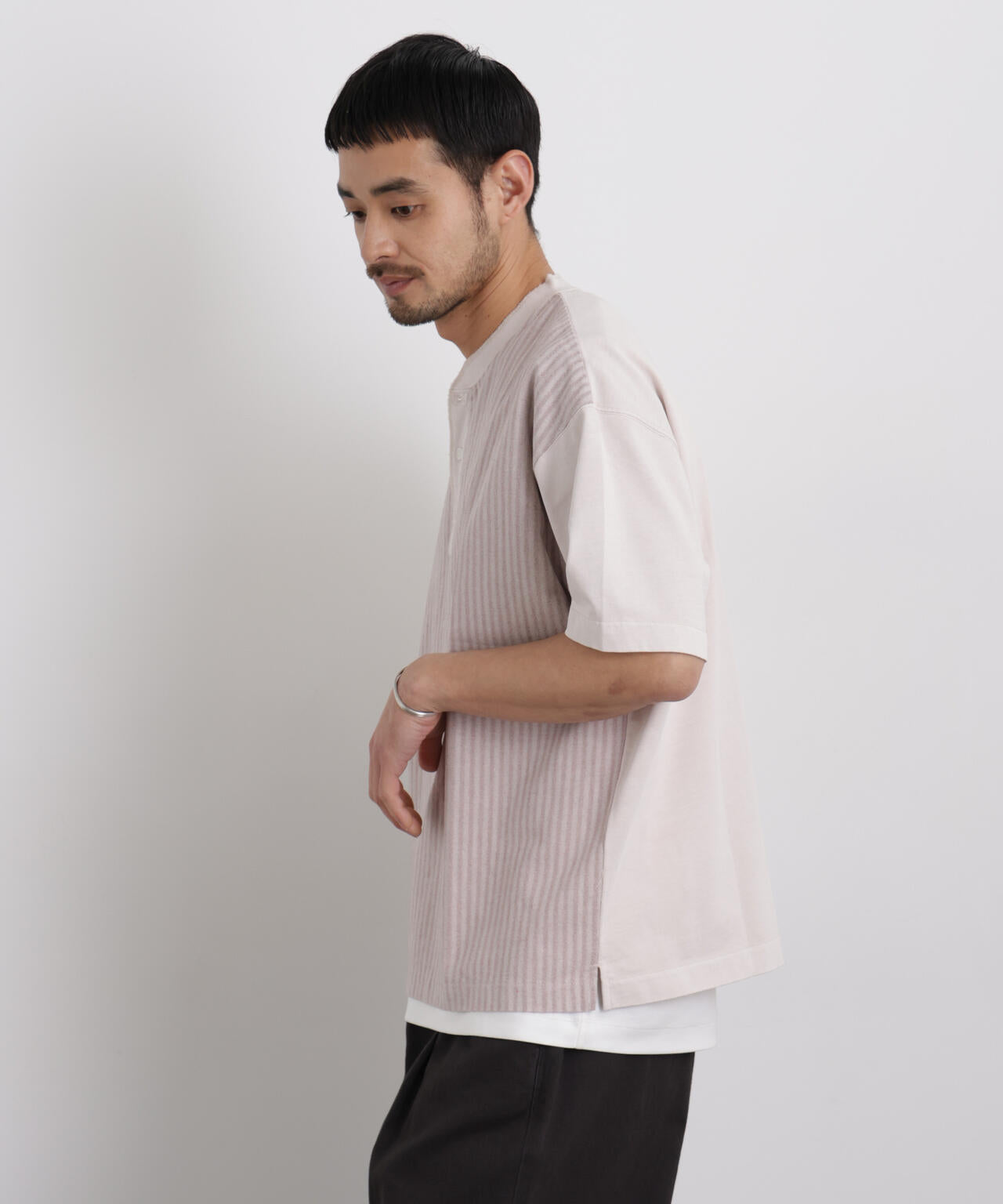 オーバーダイジャガードストライプヘンリーTシャツ 半袖 6726124221