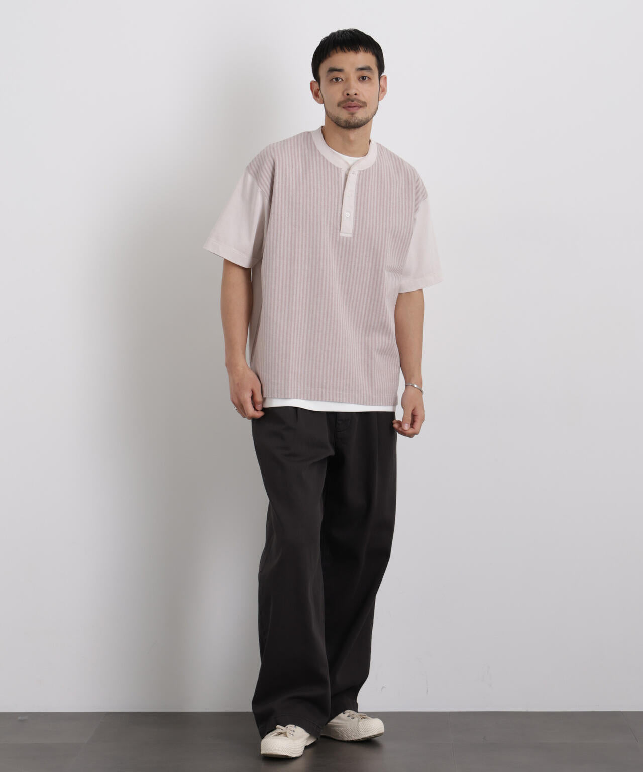 オーバーダイジャガードストライプヘンリーTシャツ 半袖 6726124221