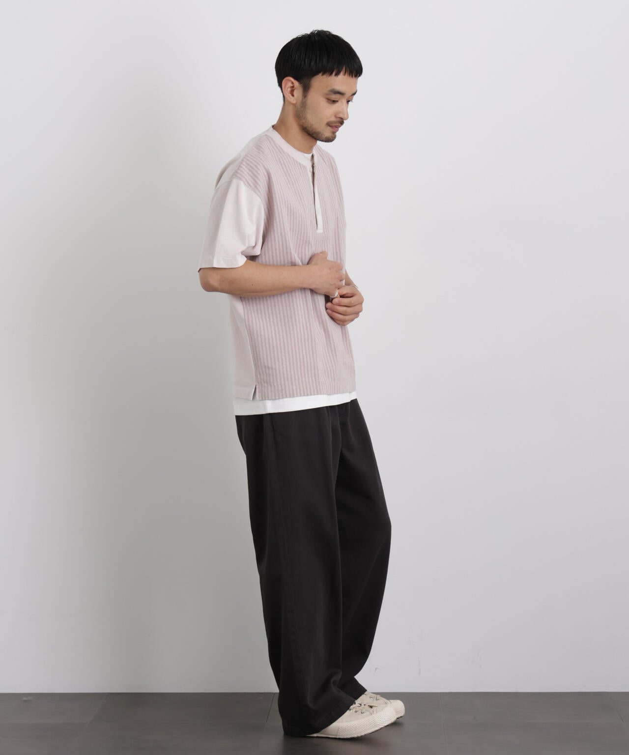 オーバーダイジャガードストライプヘンリーTシャツ 半袖 6726124221