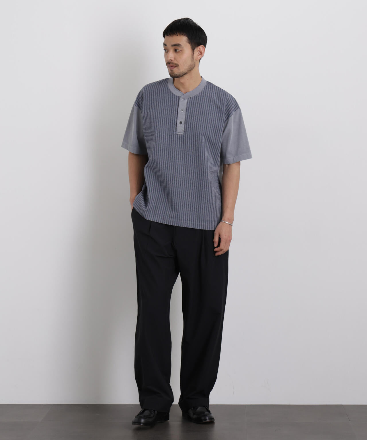 オーバーダイジャガードストライプヘンリーTシャツ 半袖 6726124221