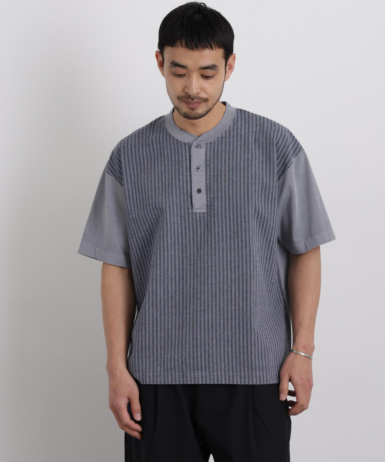 オーバーダイジャガードストライプヘンリーTシャツ 半袖 6726124221