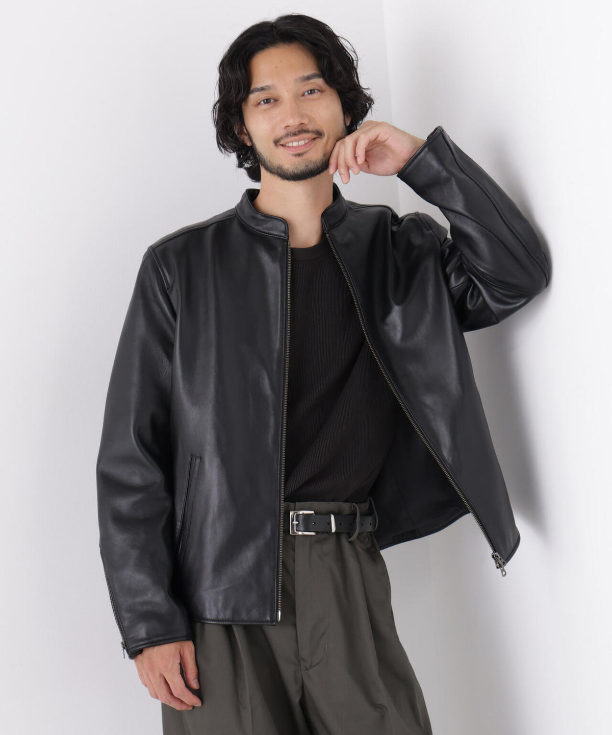 バンドカラーレザーシングルライダースジャケット 6726213202