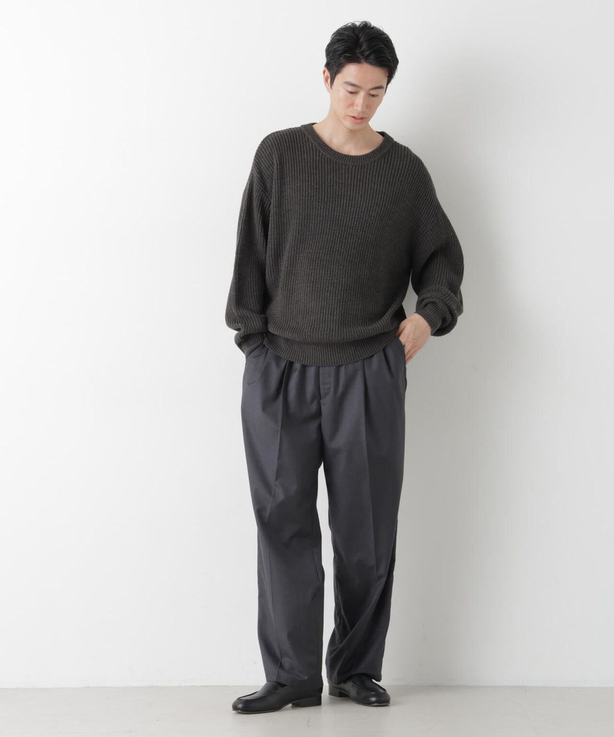 WEB限定/ワイドフィット畔編クルーネックニット 6726222227