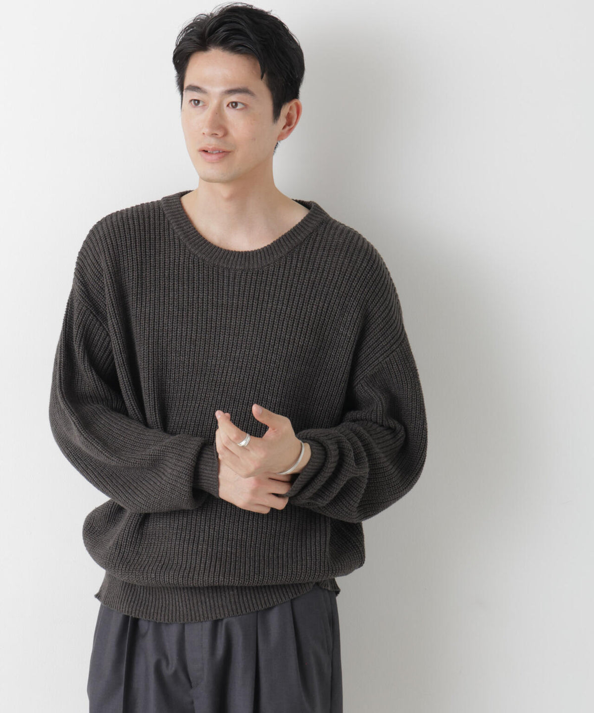 WEB限定/ワイドフィット畔編クルーネックニット 6726222227