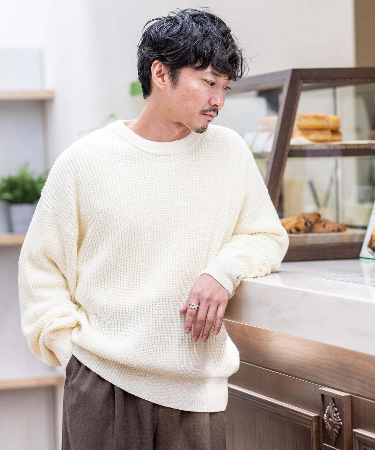 WEB限定/ワイドフィット畔編クルーネックニット 6726222227
