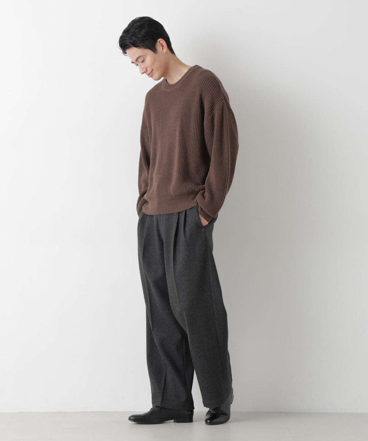 WEB限定/ワイドフィット畔編クルーネックニット 6726222227