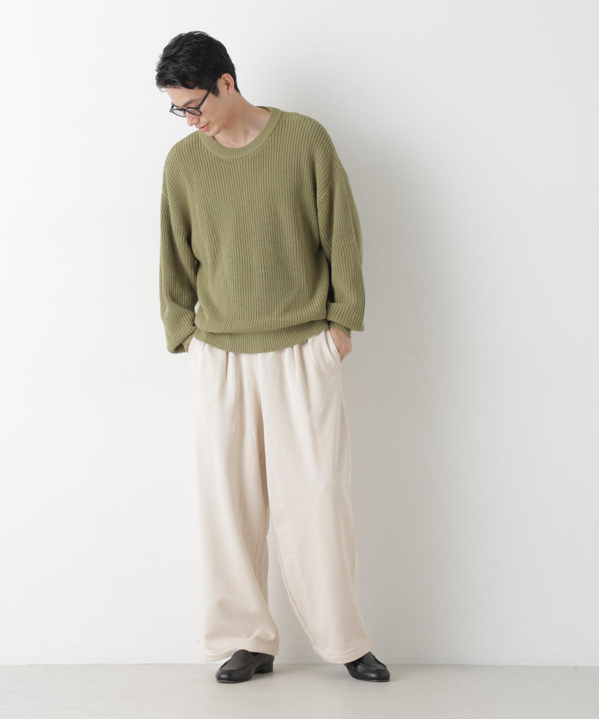 WEB限定/ワイドフィット畔編クルーネックニット 6726222227
