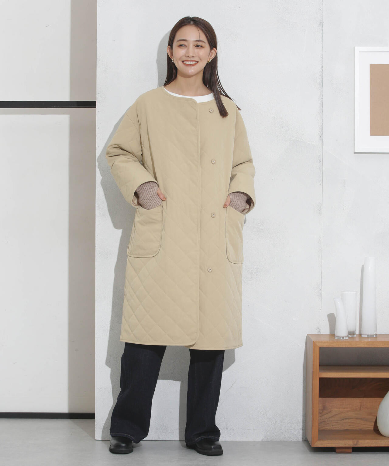 撥水加工・機能中綿 ノーカラーキルティングロングコート 6733211302