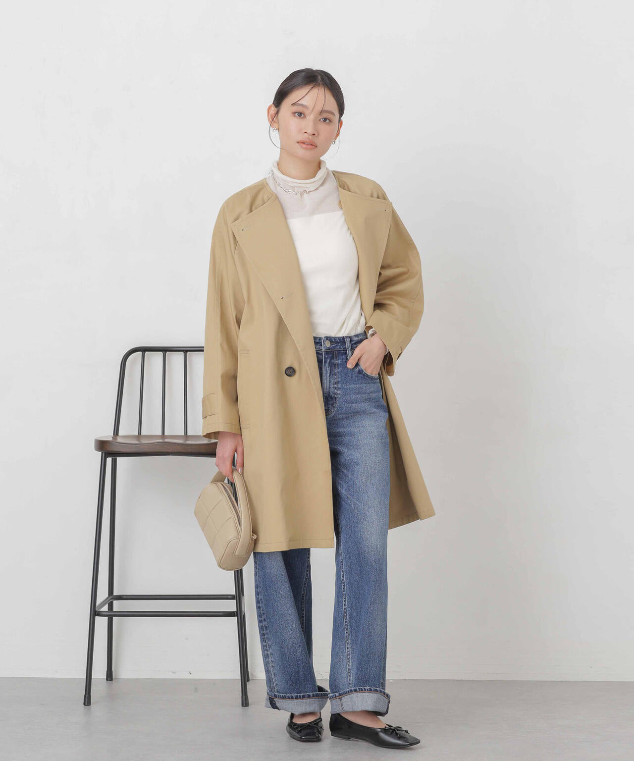 撥水&花粉ガード加工ノーカラーAラインコート 6734111308