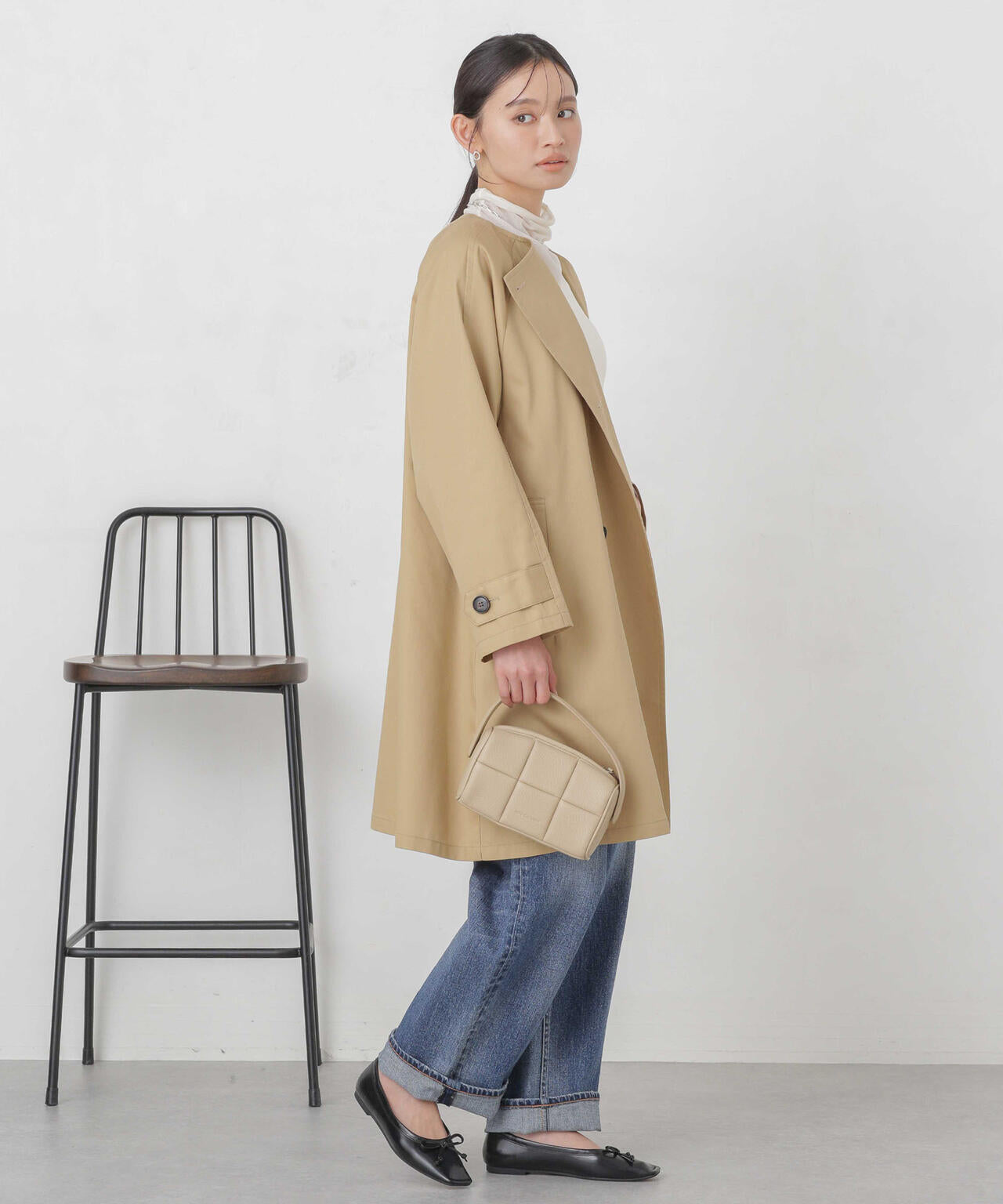 撥水&花粉ガード加工ノーカラーAラインコート 6734111308