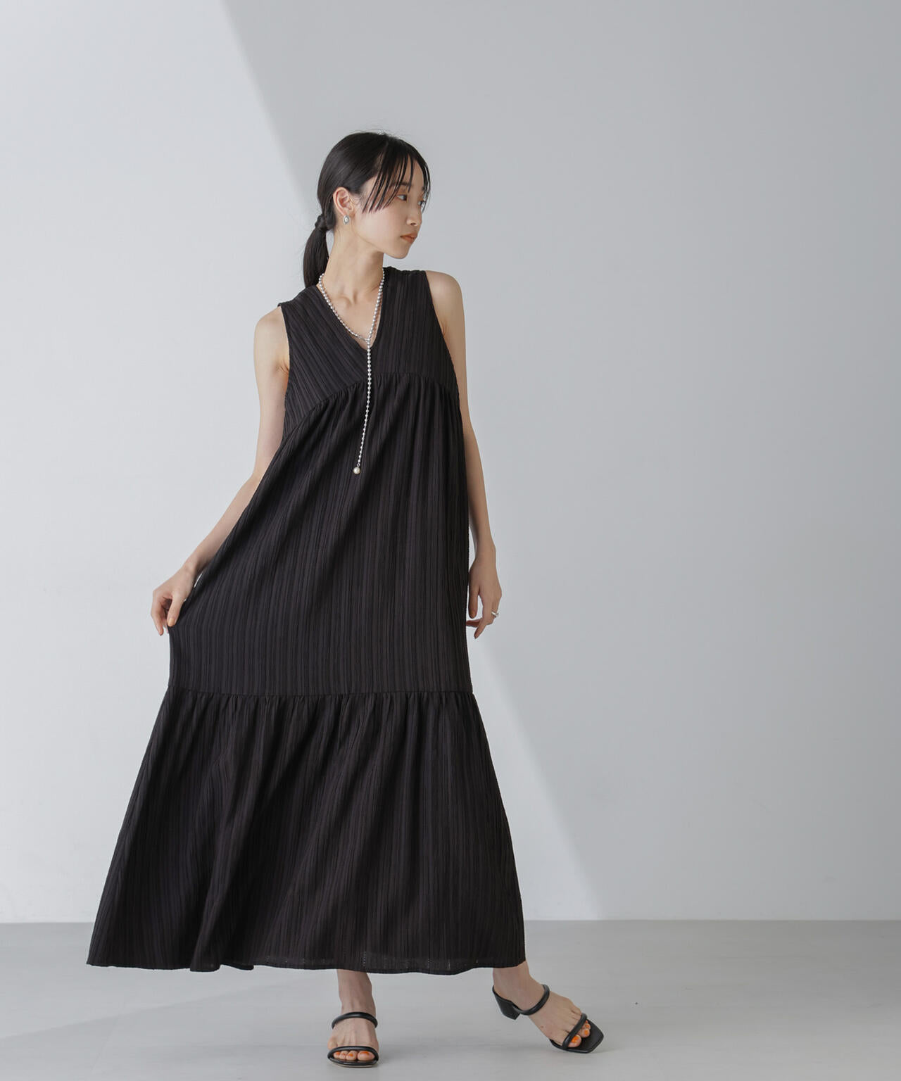 楊柳ティアード切り替えワンピース 6734119335