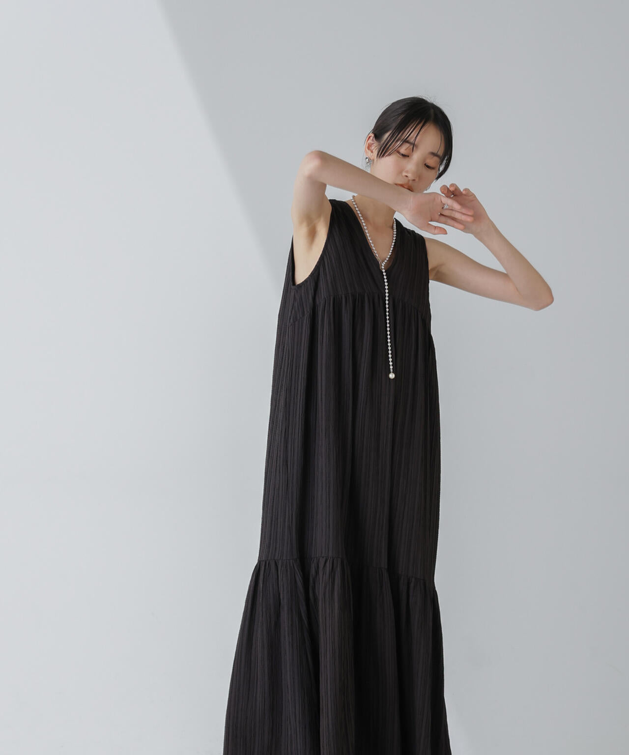 楊柳ティアード切り替えワンピース 6734119335