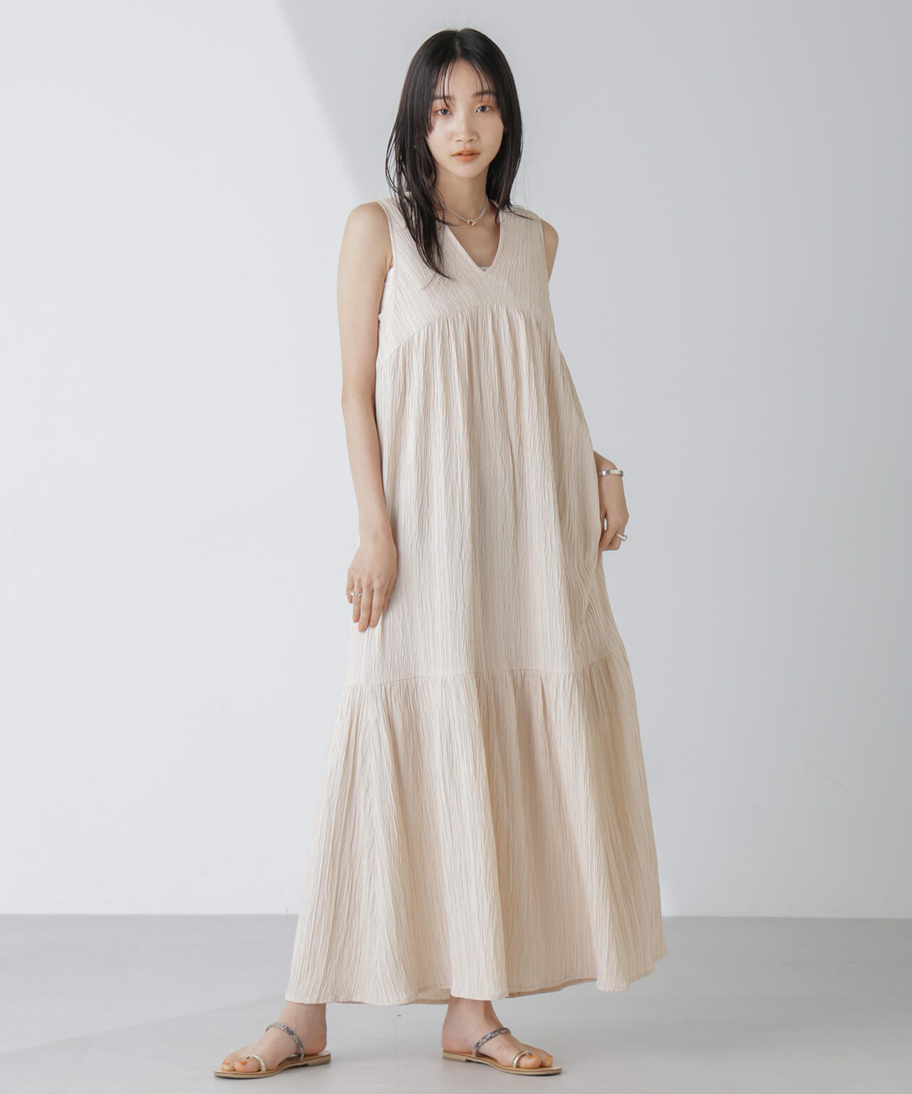 楊柳ティアード切り替えワンピース 6734119335