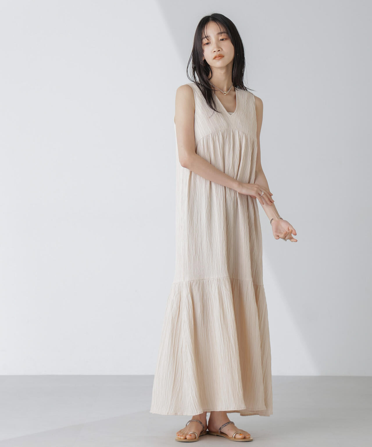 楊柳ティアード切り替えワンピース 6734119335