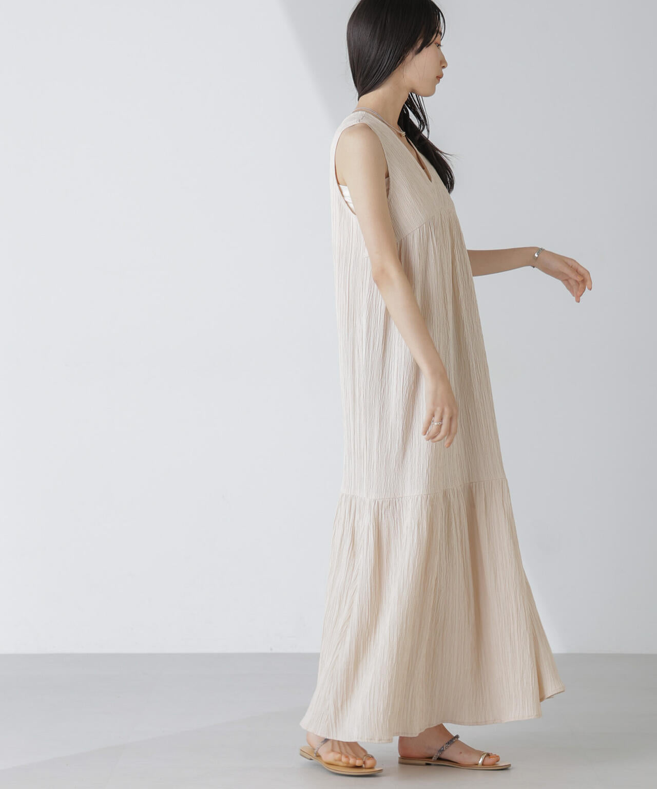 楊柳ティアード切り替えワンピース 6734119335