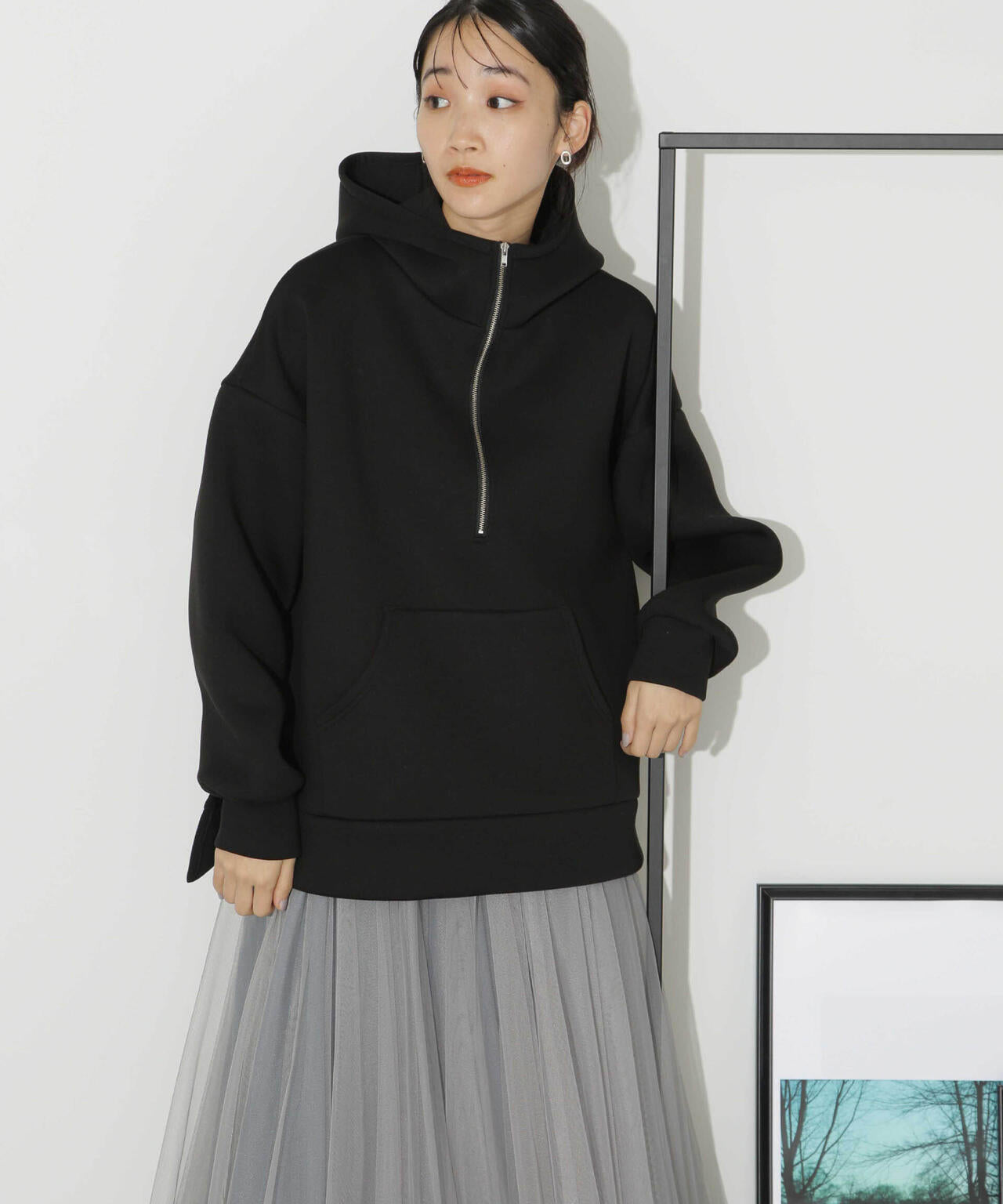 ハーフジップフードダンボールプルオーバー 6734123301