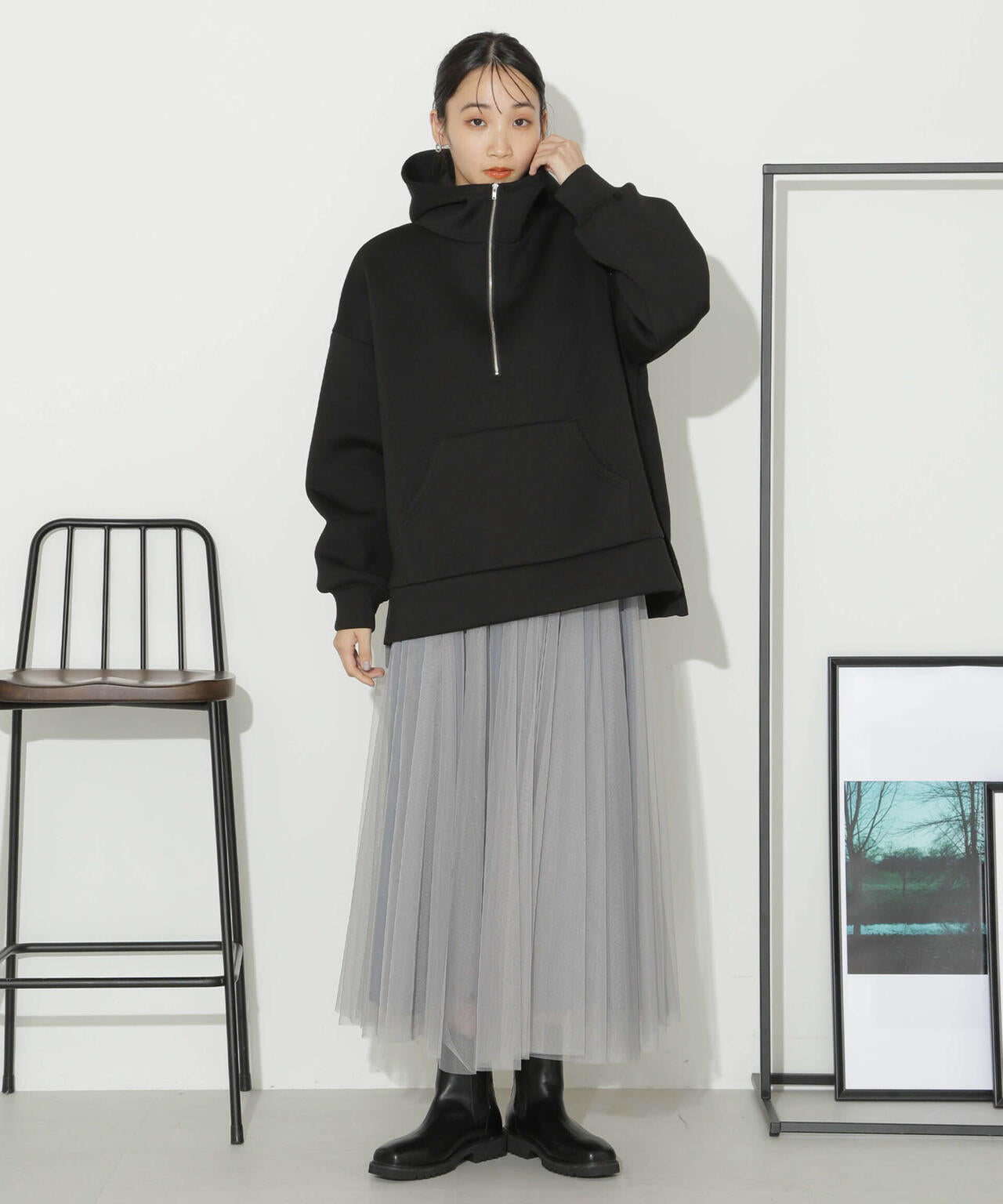 ハーフジップフードダンボールプルオーバー 6734123301