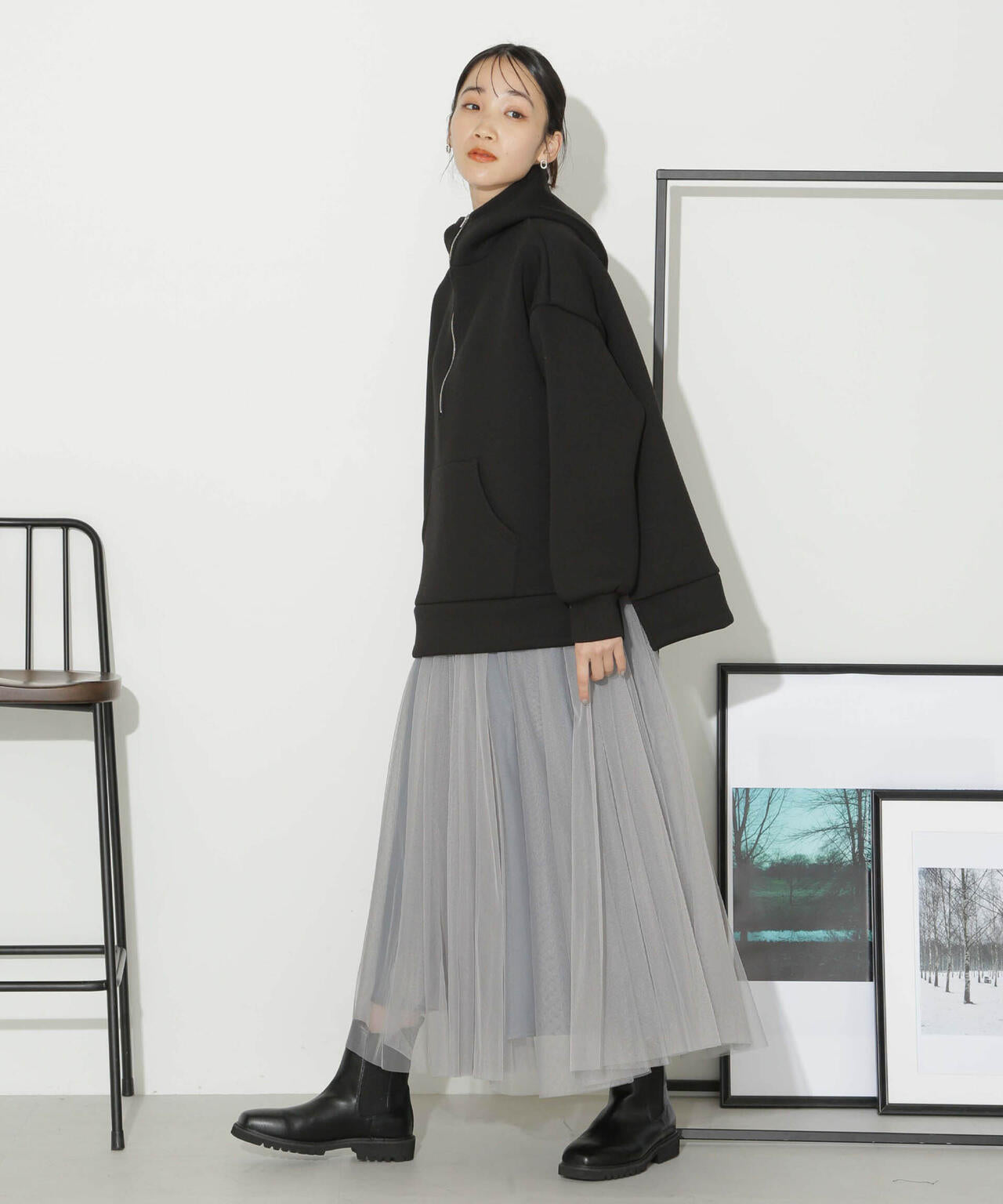 ハーフジップフードダンボールプルオーバー 6734123301