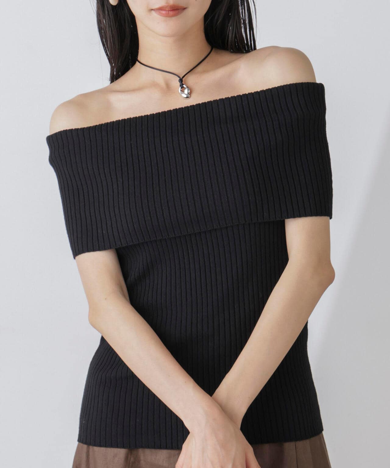 オフショルダーリブニットトップス 6734222305
