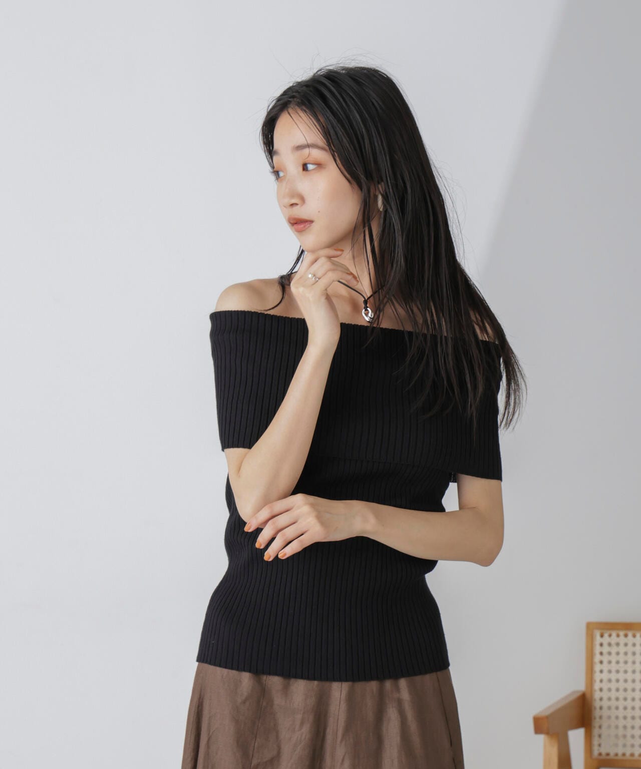 オフショルダーリブニットトップス 6734222305