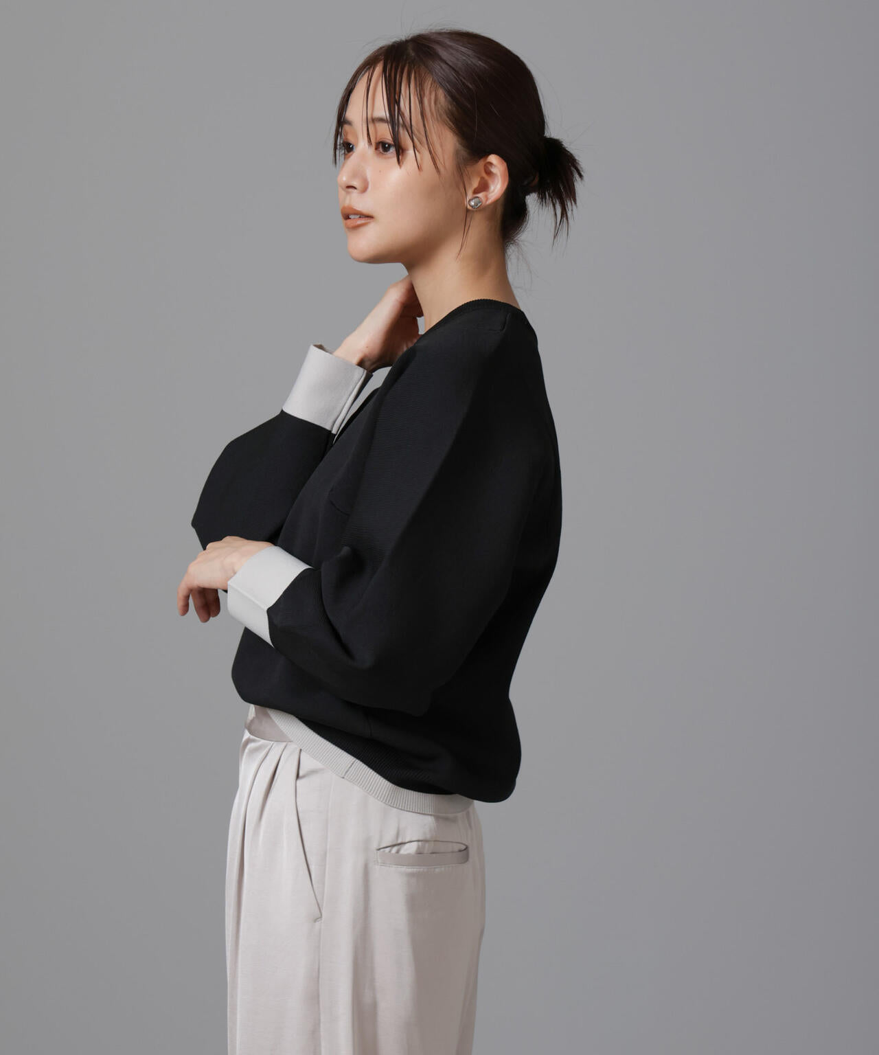 洗濯機洗い可 軽量バイカラークルーネックニット 6734222335