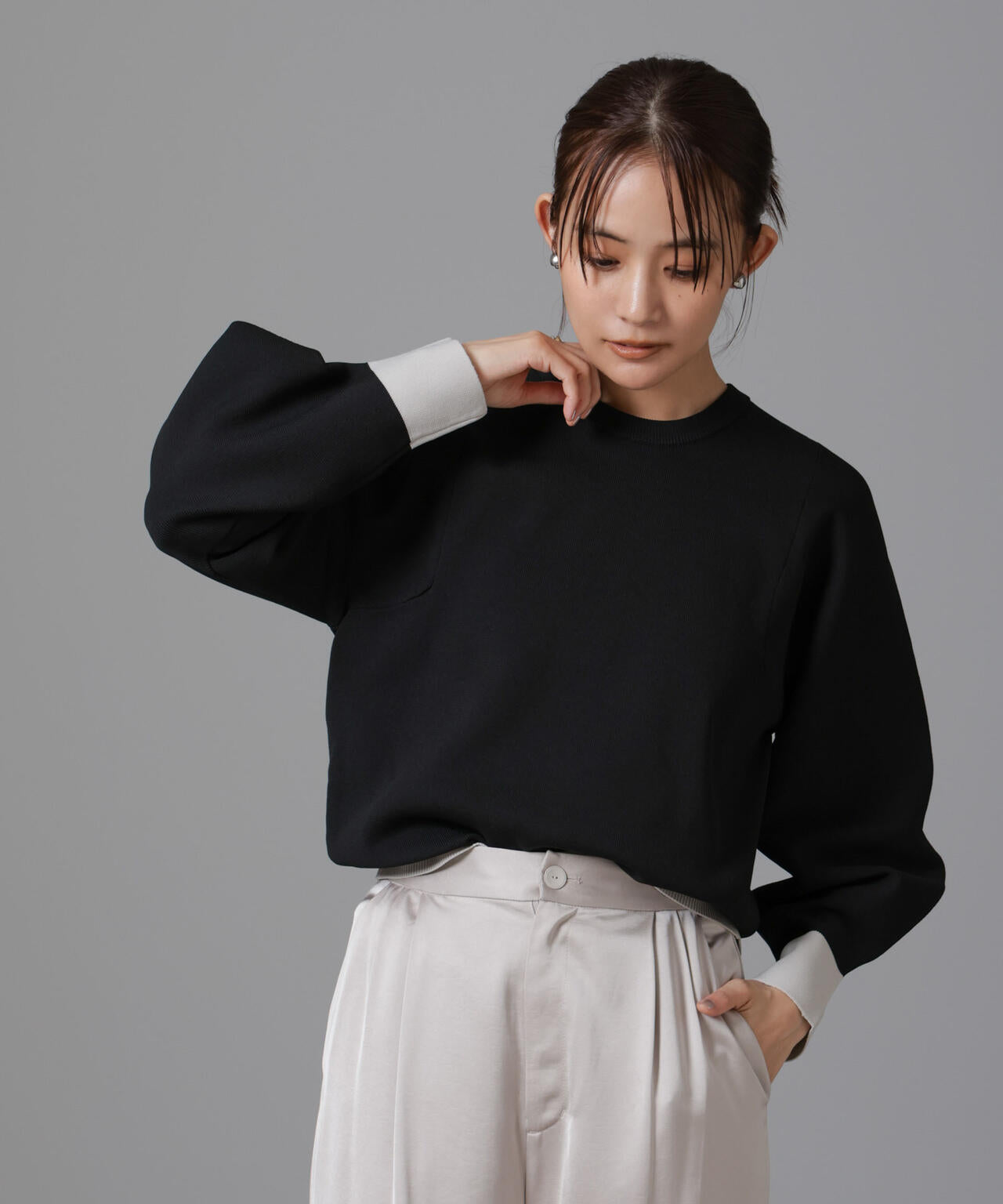 洗濯機洗い可 軽量バイカラークルーネックニット 6734222335