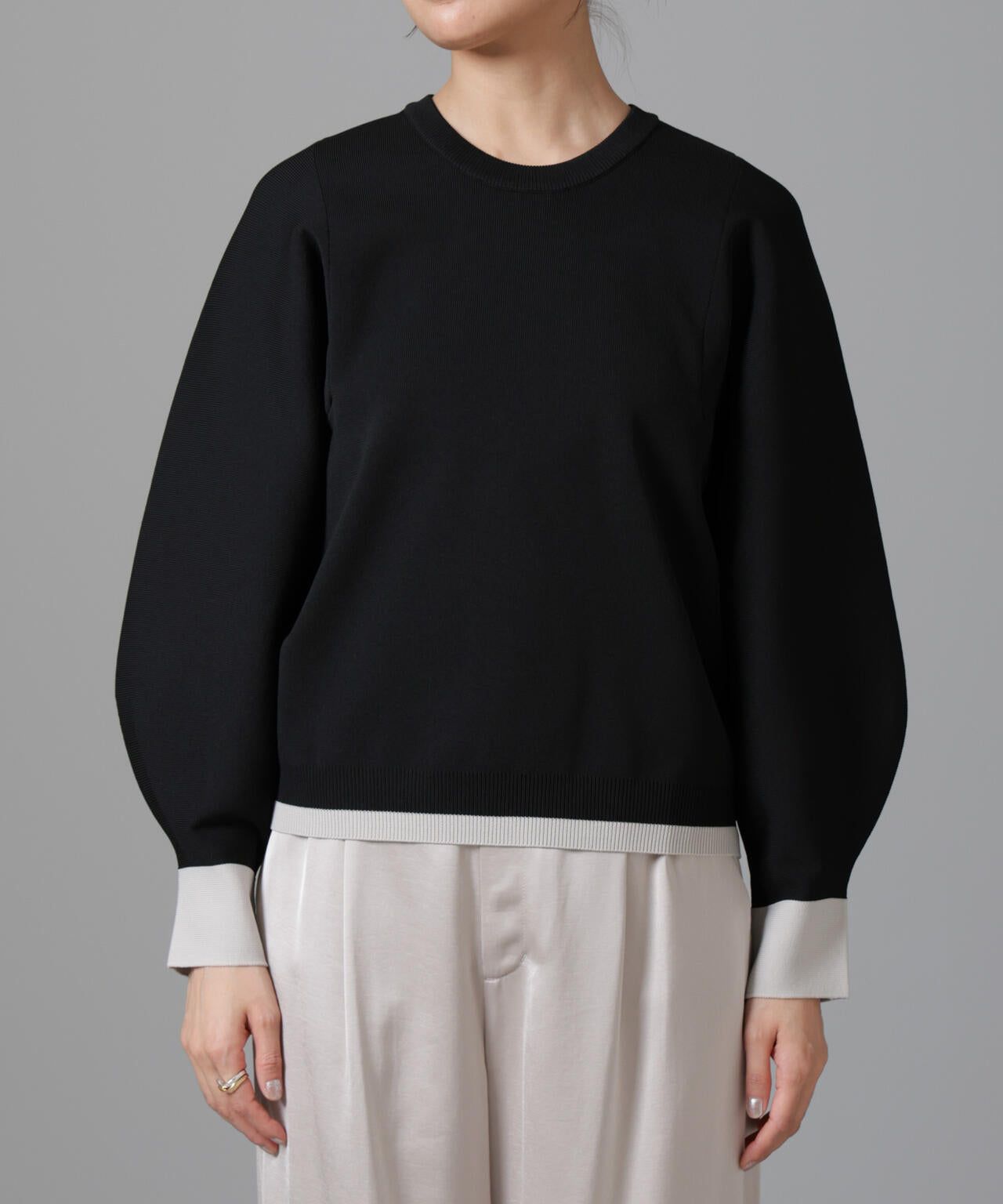 洗濯機洗い可 軽量バイカラークルーネックニット 6734222335