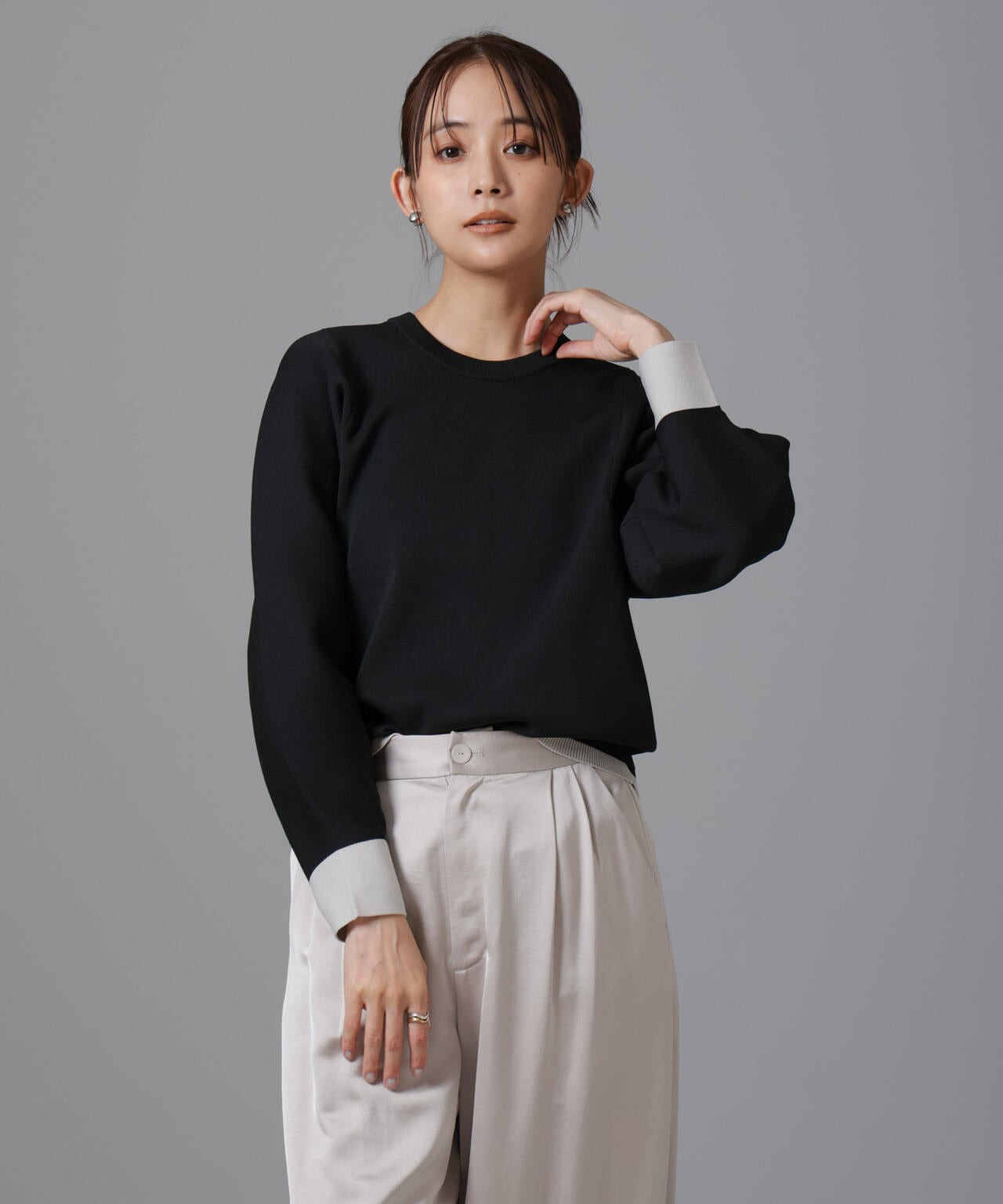 洗濯機洗い可 軽量バイカラークルーネックニット 6734222335