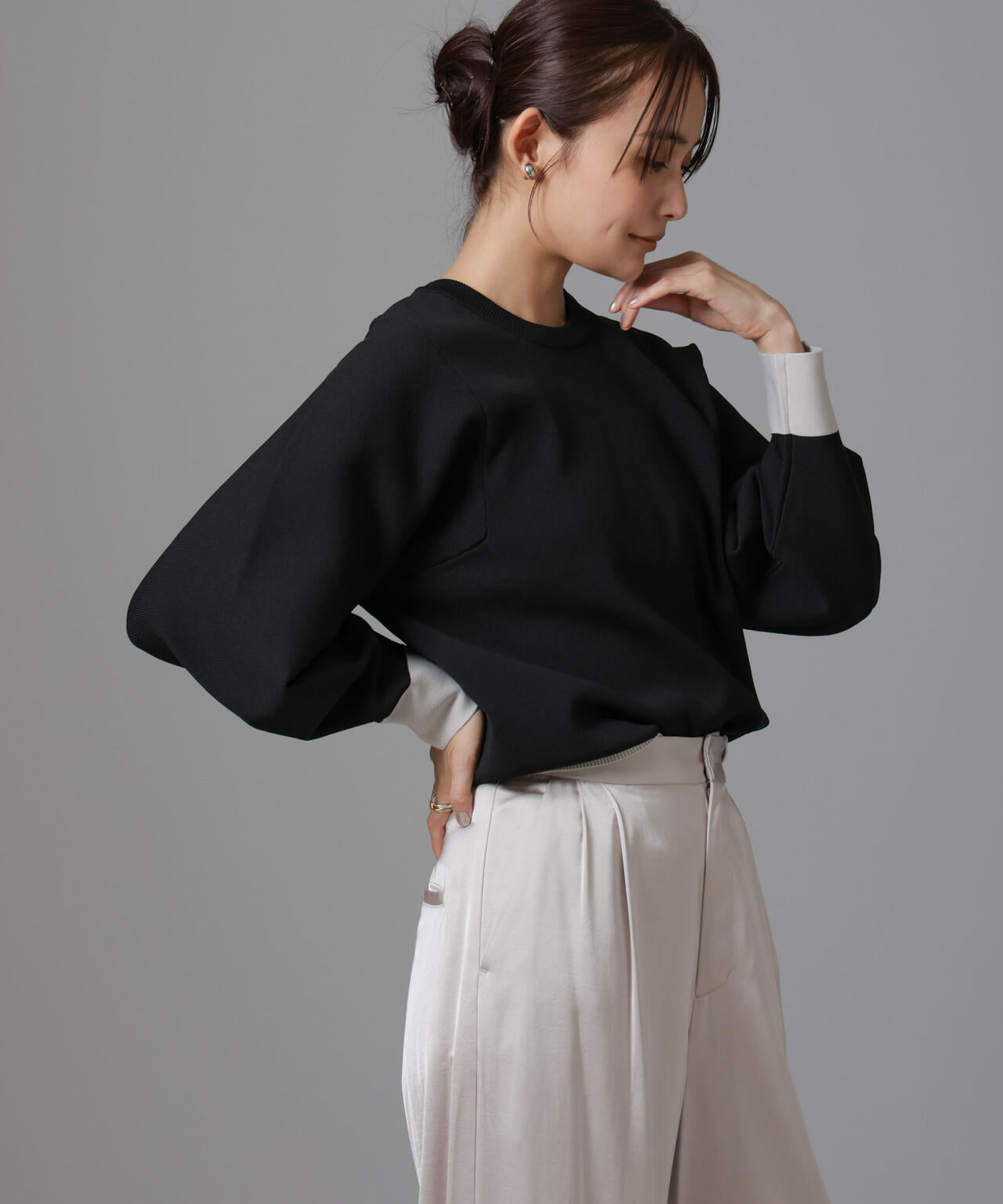 洗濯機洗い可 軽量バイカラークルーネックニット 6734222335